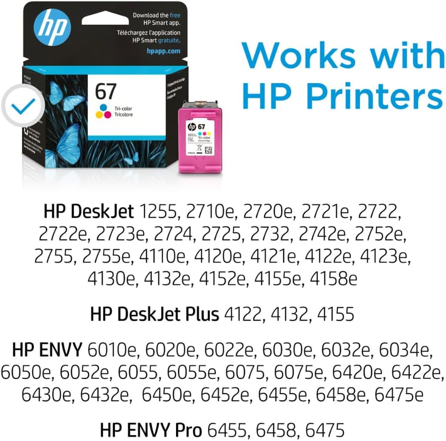 HP 67 Tri-color Original Ink Cartridge | Works with HP Envy 6000/Pro 6400 series, Deskjet 1200/2000/Plus 4100 series | 3YM55AA