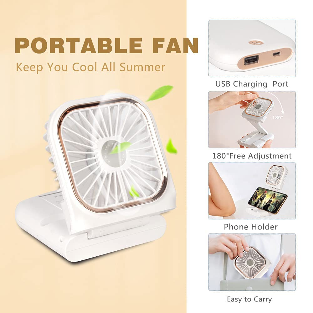 MAGICKK Portable Foldable hanging neck fan 5 in 1 as Power Bank,Phone Holder,Handheld Fan,Desk Fan, USB charging hanging neck fan ,3000 mAh Power Bank,3 Speed Adjustable (White)