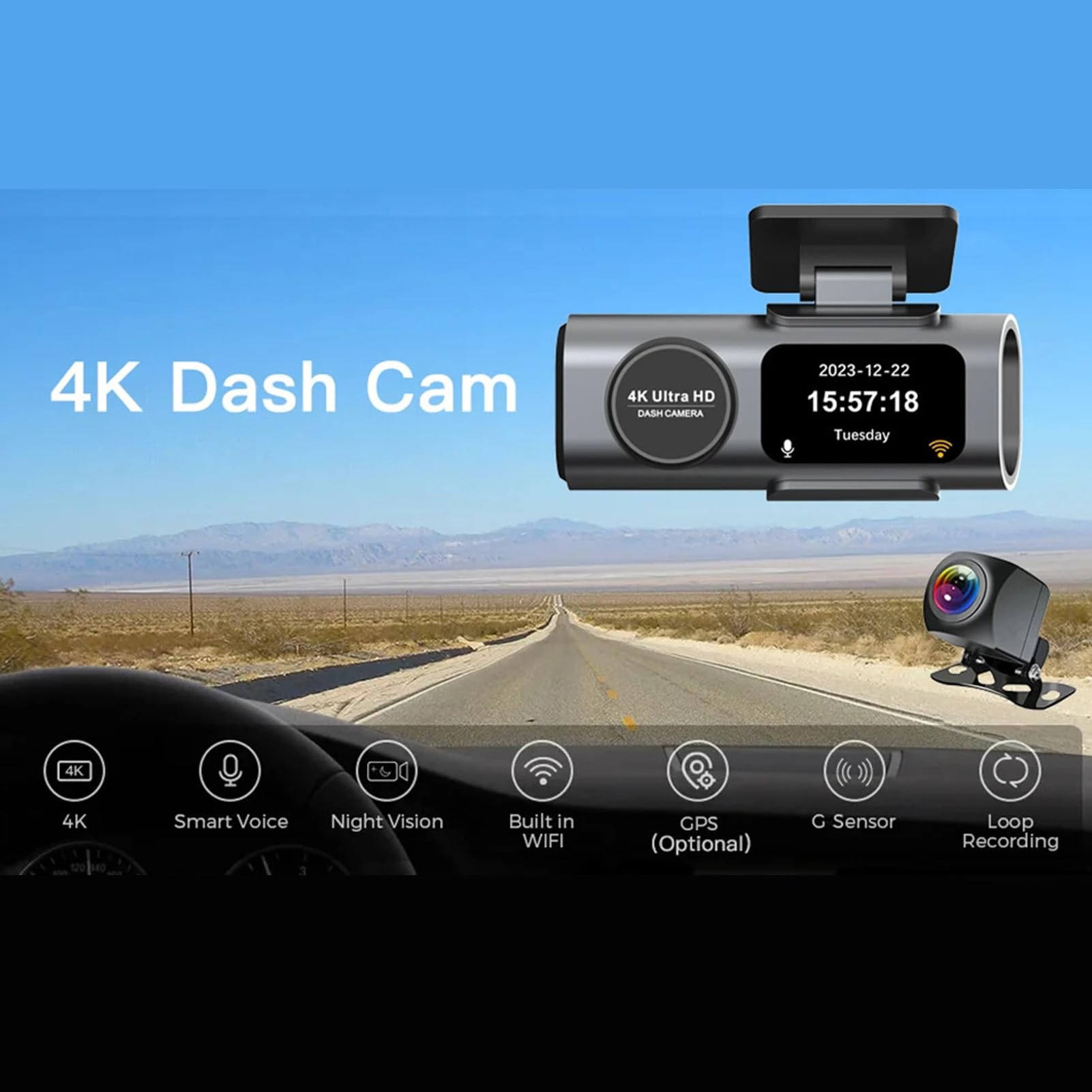 Diyeeni Kamera z Przodu i z Tyłu, 4K Ultra HD+1080P Kamera na Samochody, Wbudowany GPS, Mini Samochód, Aplikacja, Nokt Widzenia, Czujnik G, Tryb Parkingowy 24h, Nagrywanie Pętli