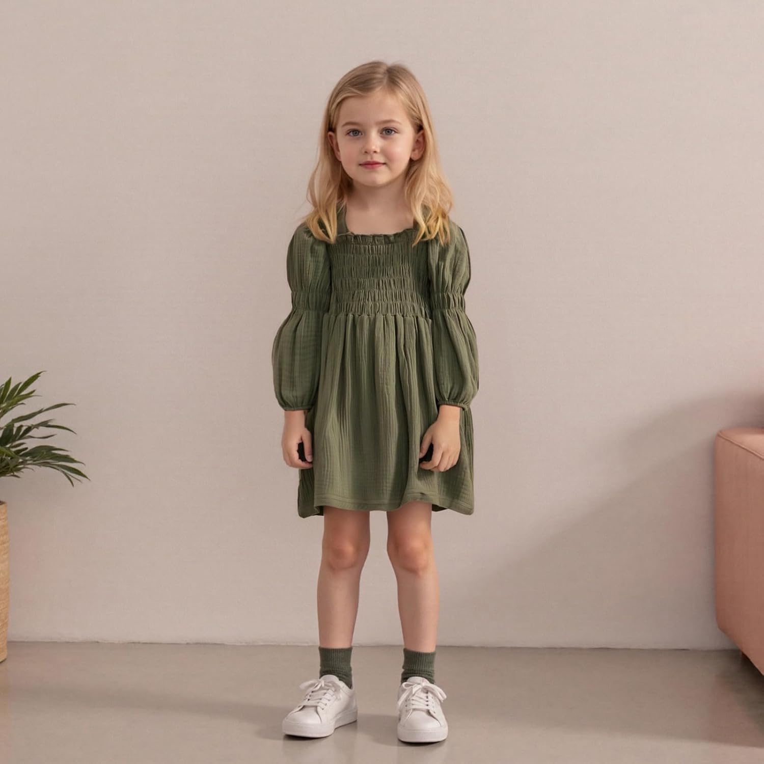 Toddler Girl Smocked Dress Lantern Long Sleeve Solid Color Casual A Line Little Girl Dresses Fall Winter Clothes - Image 6