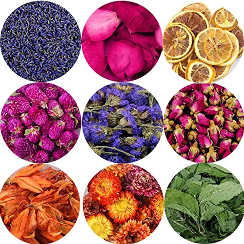 9 Bags Set Dried Flowers - Candle Making Soap Making DIY Candel Natural Flowers-Lemon,Lily,Don't Forget Me,Lavender,Mint Leaf,Rose Petal, Red Rose,Globe Amaranth,Chrysanthemum.