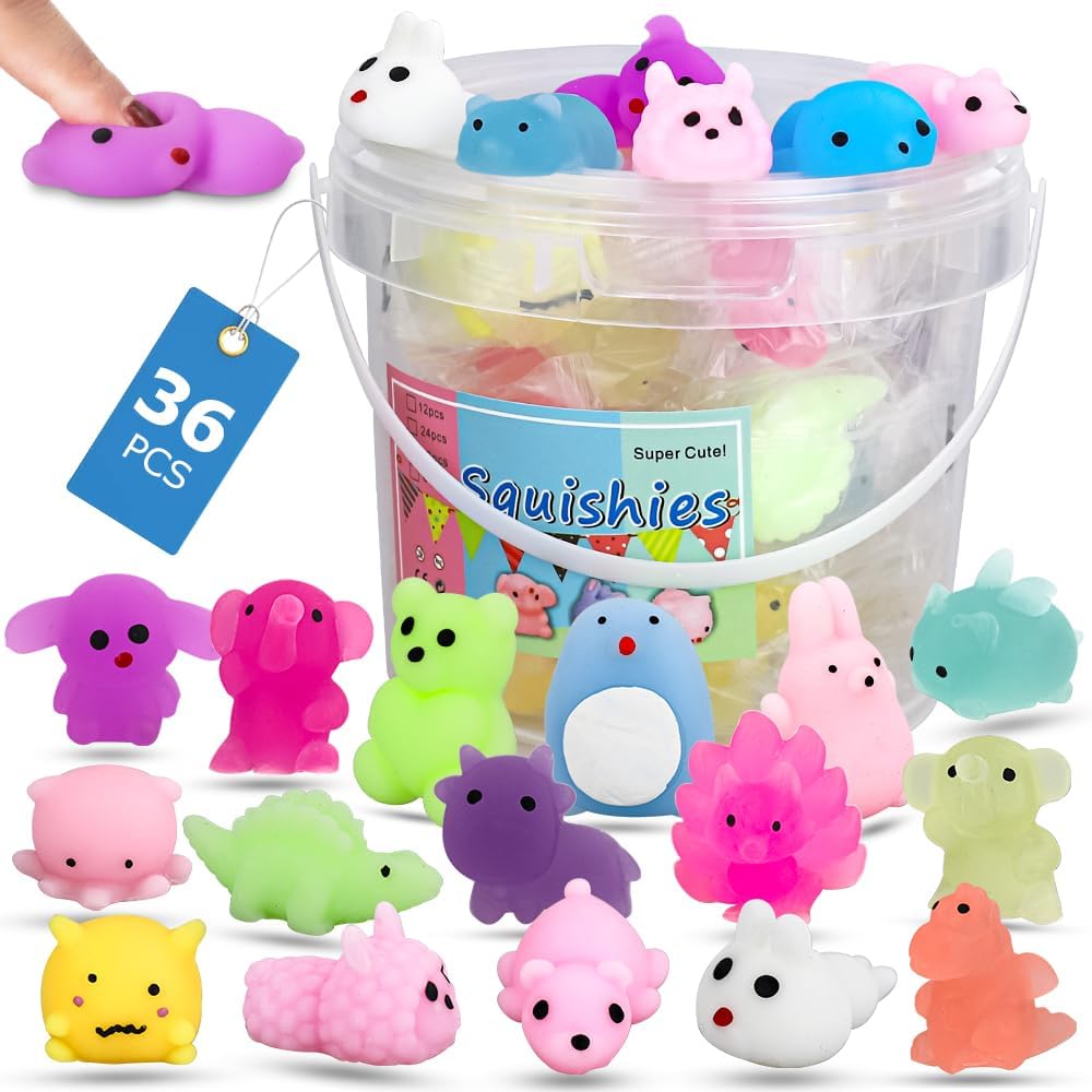 36Pcs Mochi Squishy Toys Party Favors for Kids Mini Kawaii Animals Fidget Sensory Toys Birthday Gift for Kids Adults BPA Free Squeezable Washable Goodie Bags Stocking Stuffers(Random)