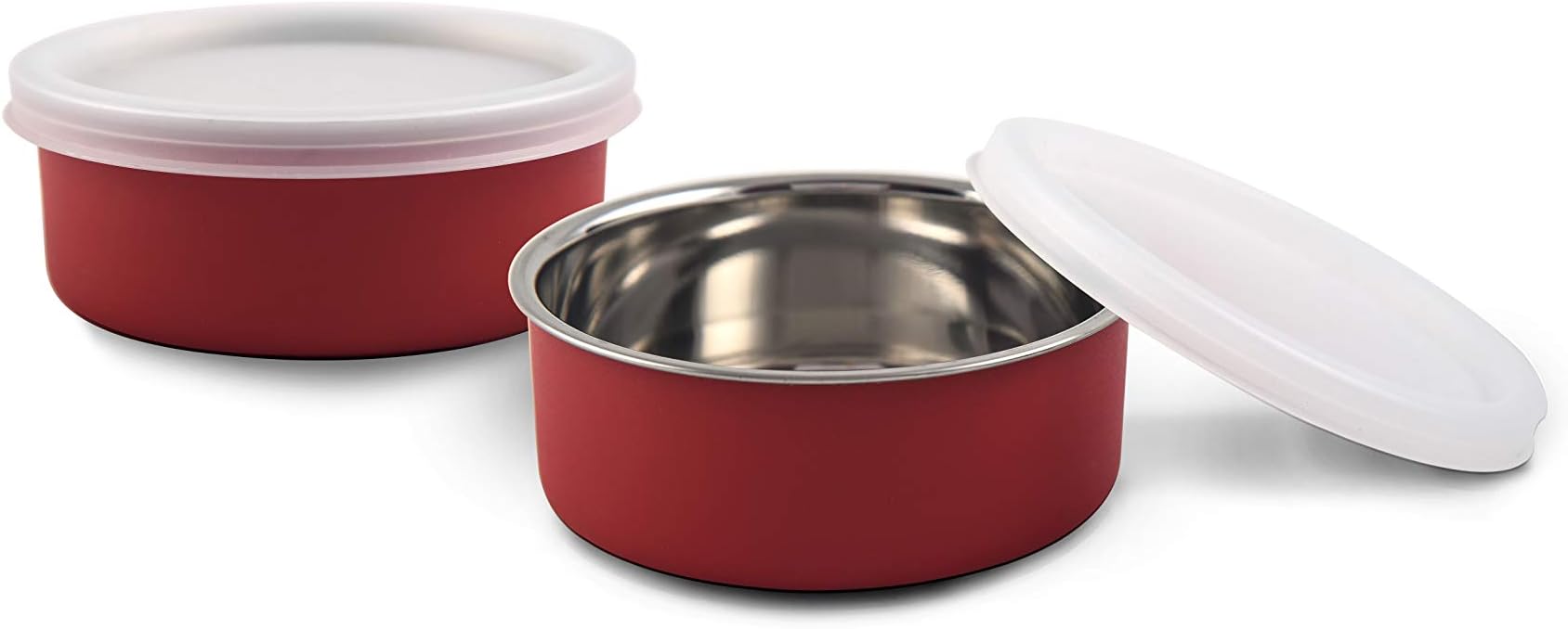 KINSHIP INDIA MICROWAVE SAFE STAINLESS STEEL SMALL LUNCH CONTAINERS (RED ,300 ML)-SET OF 2