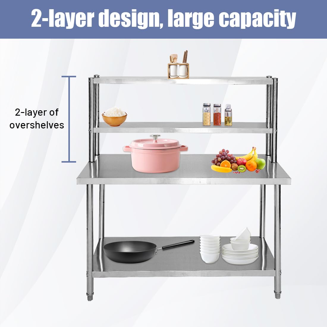 Edelstahl Arbeitstisch,Höhenverstellbarer Küchentisch,Edelstahltisch,Doppelter Aufbewahrung Küche Arbeitstisch,Zerlegetisch Tisch,120x60cm,250 kg Tragkraft,Küchenvorbereitungsarbeit