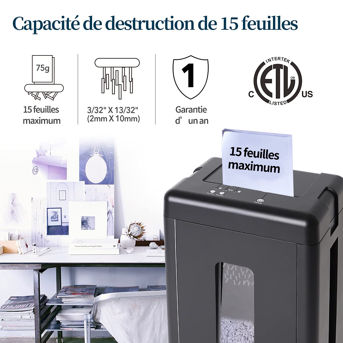 WOLVERINE SD9520 Destructeur Haute sécurité P5 15 Feuilles Super Micro-Coupe Papier Lourd CD Lame manganèse Ultra-silencieuse Noir