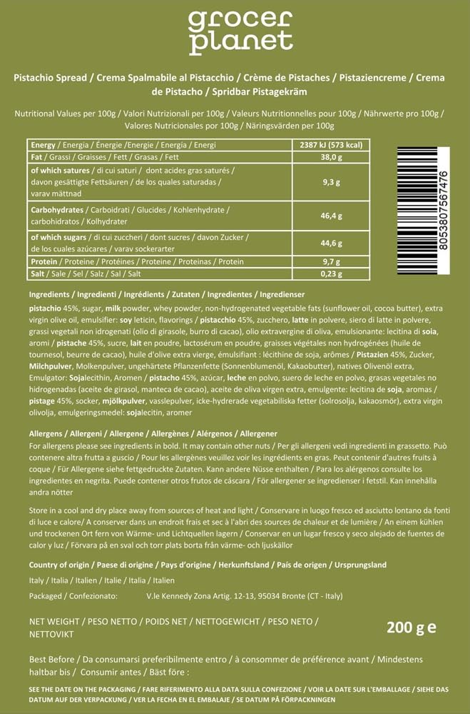 Grocer Planet - Crema de Pistacho (200g) | Con 45% Pistachos Mediterráneos | Sabor Dulce | Comida Italiana Gourmet | Ideal para Desayunos y Postres