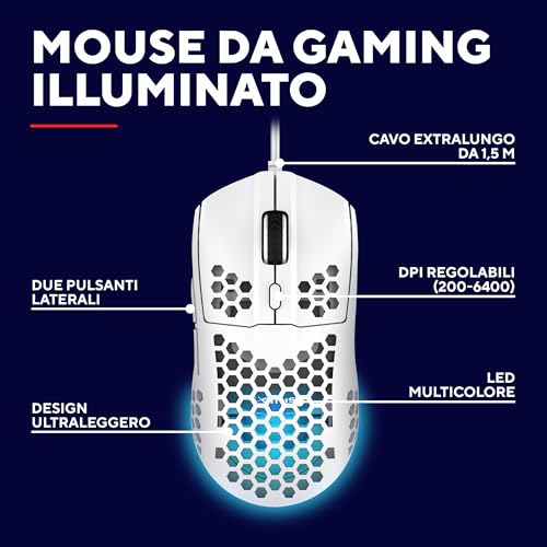 Trust Gaming GXT 928W Helox Mouse Gaming Superleggero 65g con Filo, Regolazione DPI 200-6400 Sensore Ottico, 6 Pulsanti Programmabili, Illuminazione RGB, Mouse da Gaming per PC Desktop Laptop, Bianco - Immagine 1