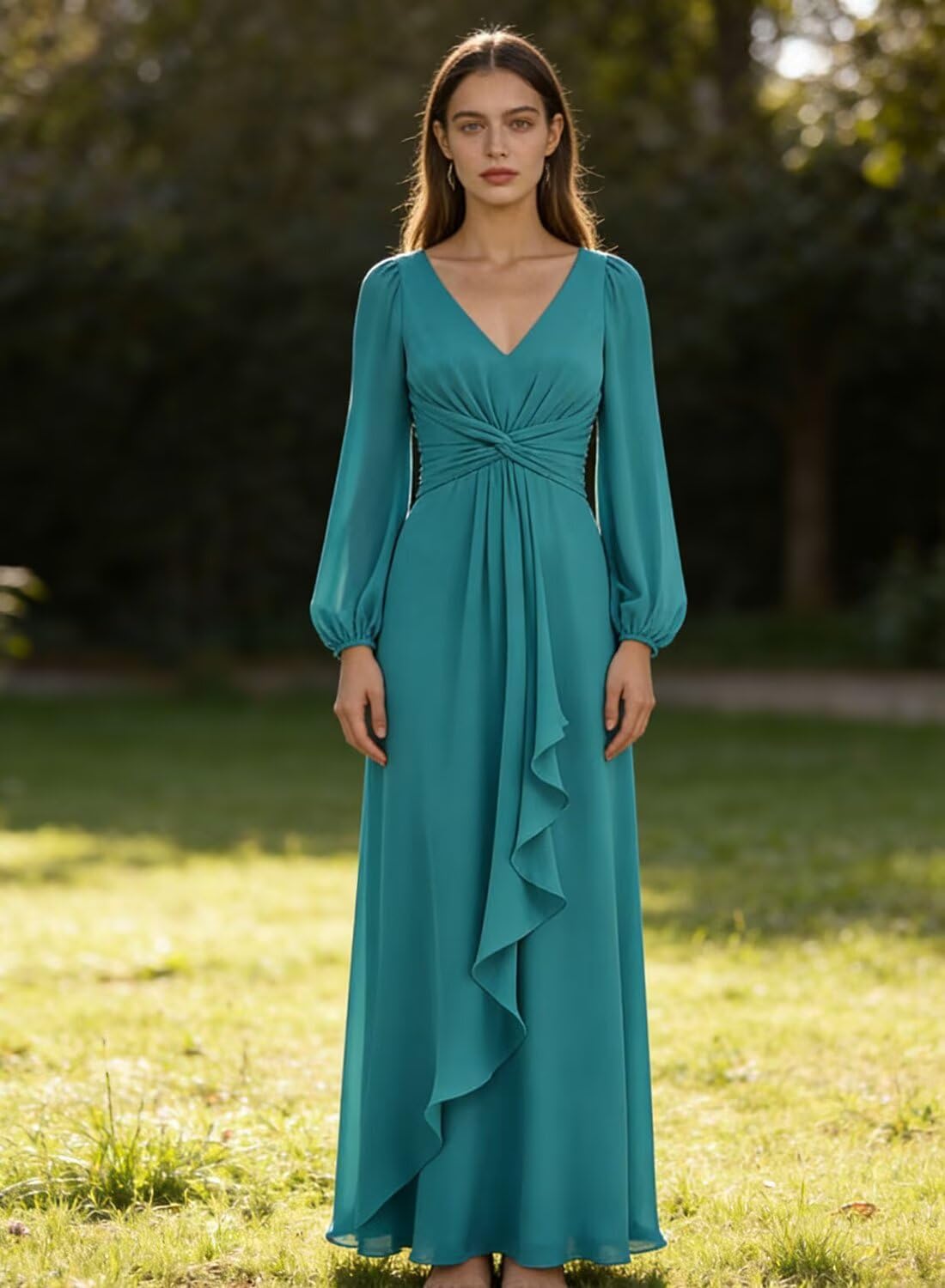 Long Sleeve Chiffon Bridesmaid Dresses for Women Maxi V Neck Ruched Formal Wedding Guest Dress