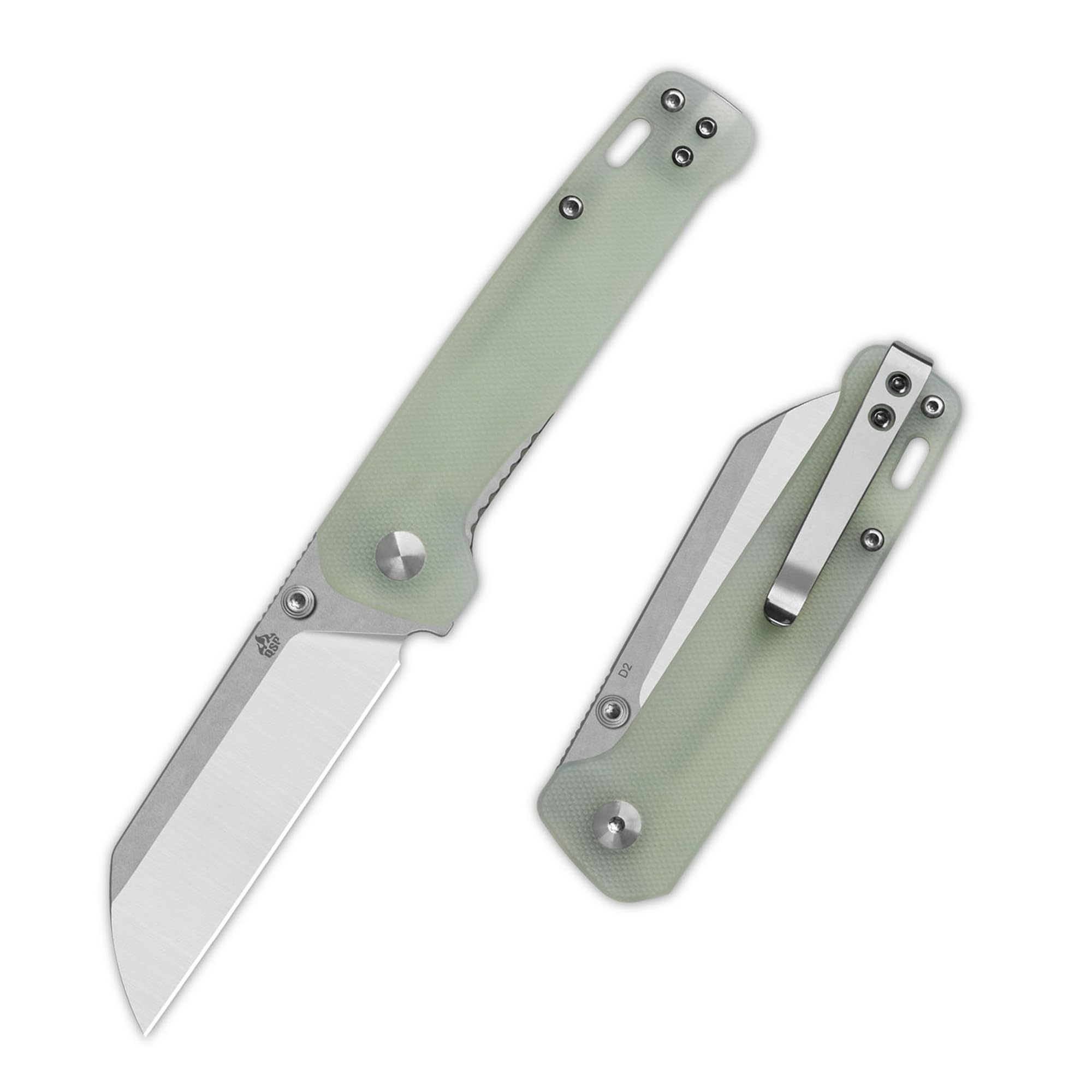QSP Penguin V2 Folding Pocket Knife, 3.06" D2 Two Tone Finish Stonewash Satin Blade EDC Knife, Jade G10 Handle, Liner Lock, Ceramic Ball Bearings,