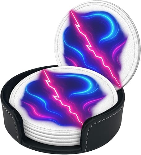 Miniatura 2 de Drink Coasters Set of 6, Neon Light Printed PU Leather Round Coaster with Holder for Outdoor, Office, Bar, Funny Heat-Resistant Home Desk Decor