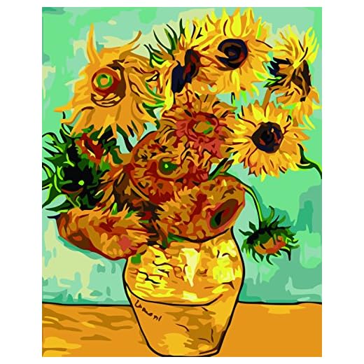 BOSHUN Pintar por Numeros para Adultos Niños Pintura por Números con Pinceles y Pinturas Decoraciones para el Hogar Girasol de Van Gogh (16 * 20 Pulgadas, con Marco de Madera)