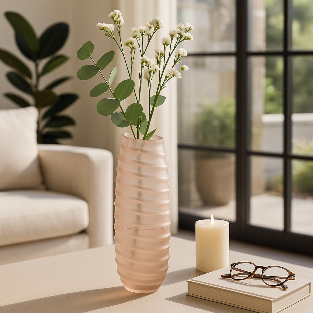 Decorative Carved Glass Vase for Counter - Perfect Flower Vase for Living Room, Bedroom, Office, and Room Styling - Stylish House Decor, Home Display Accent, and Coffee Table Centerpiece - 16", Ivory