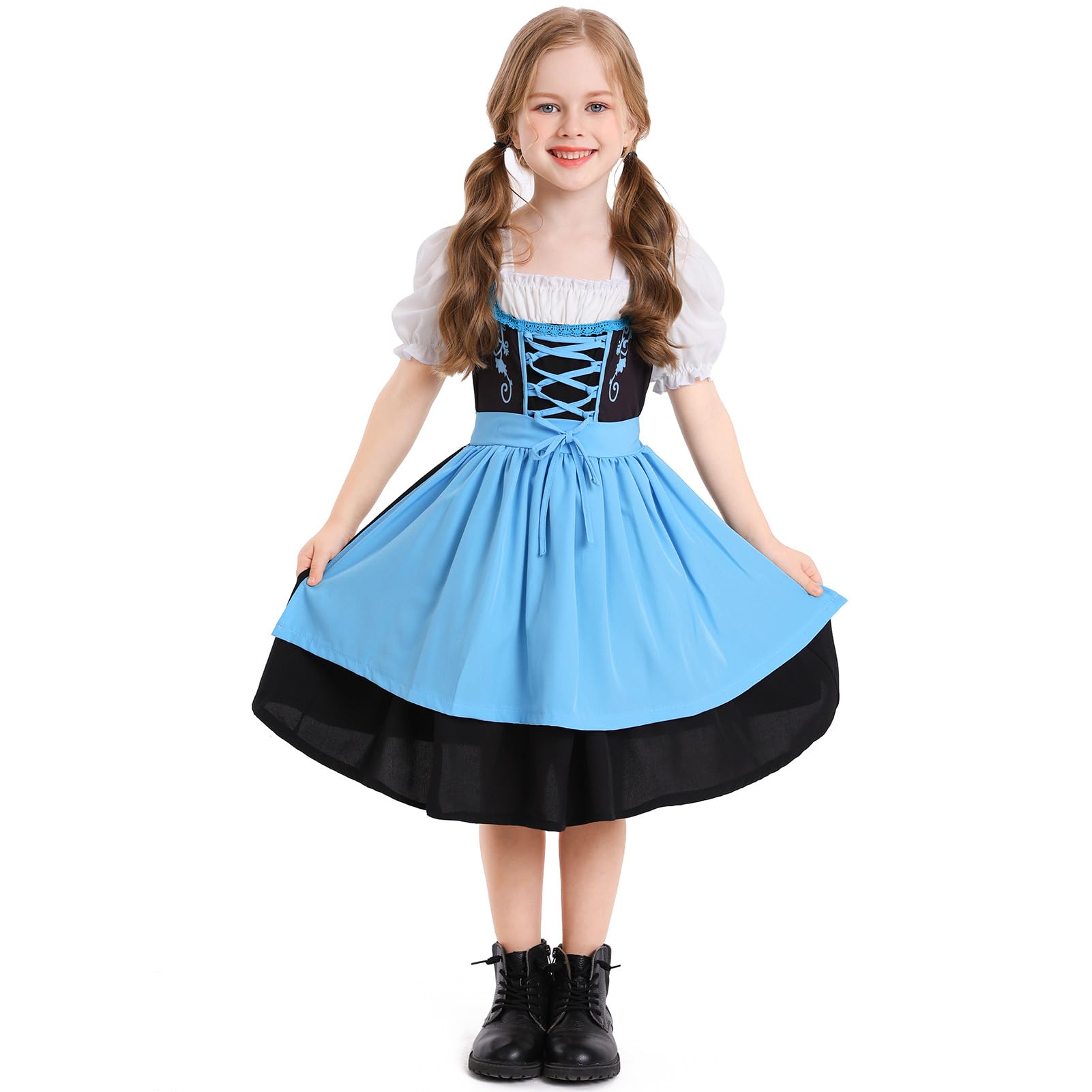 Odizli Kinder Dirndl Mädchen Kurzarm Weiß Blusen + Schürze + Rock 3tlg Knielang Oktoberfest Outfit