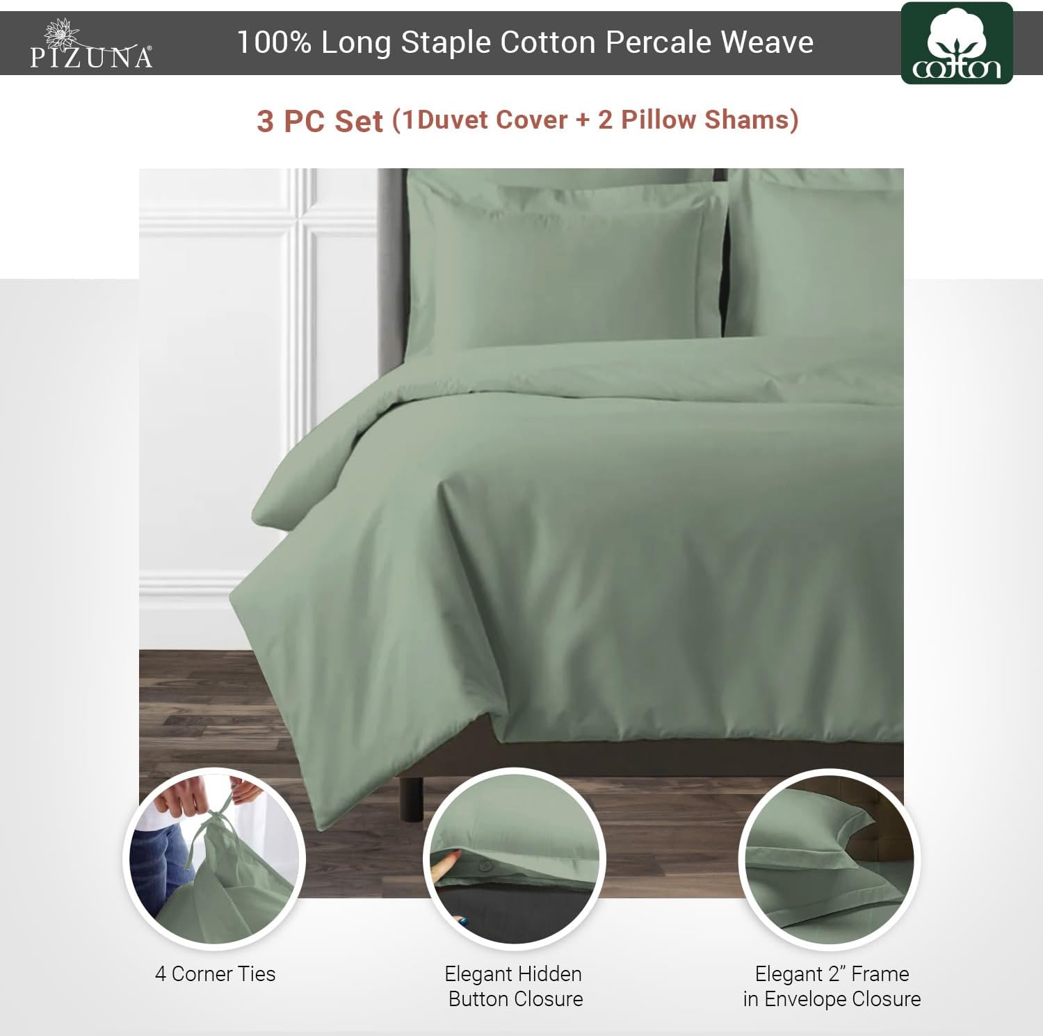 Pizuna Duvet Cover Set King Size - 100% Long Staple Combed Cotton Percale Weave 3 Piece Bedding Set - 1 Duvet Cover with Button Closure & 2 Pillowshams - Light Pink