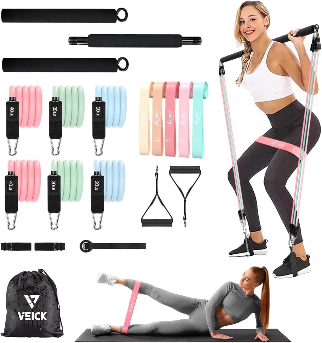 VEICK Pilates Bar Kit with Resistance Bands, Elastic Workout Bands for Men and Women, Set of 5 Resistance Loop Bands for Home Fitness, Stretching, Strength Training, Physical Therap
