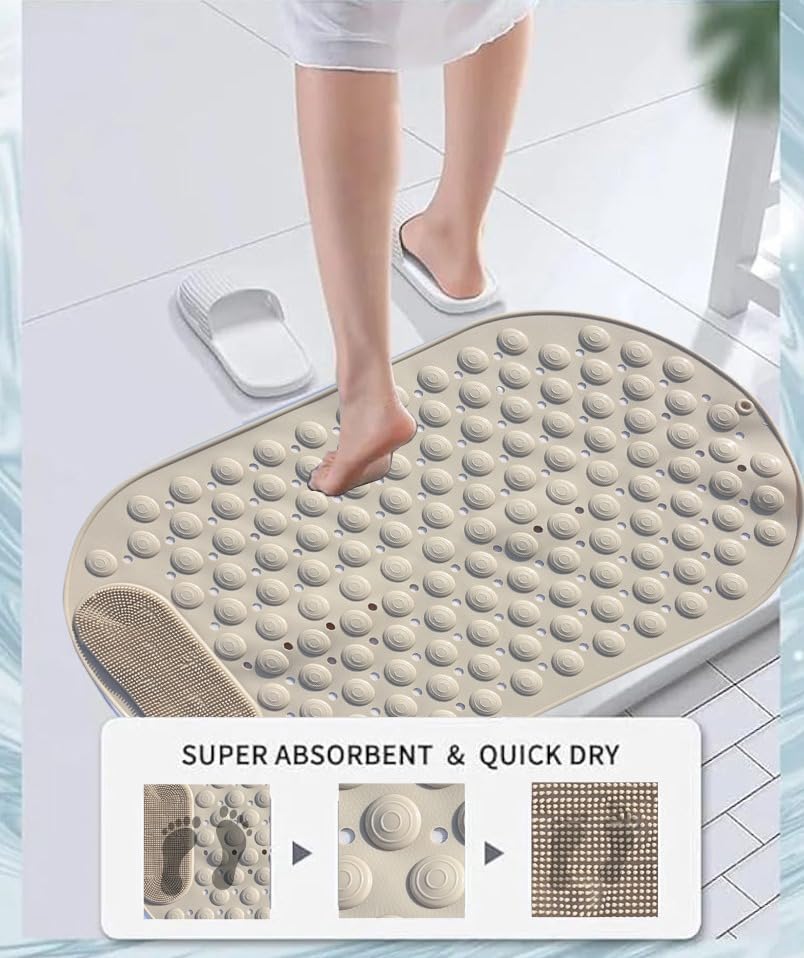 Image of Homecloud Anti Skid Mat for Bathroom Floor Shower mats for Bathroom Anti Slip with Foot Scrubber Bath mat Anti Slip with Suction Cups & Drain Holes (69x35 Cm) (Oval Beige)
