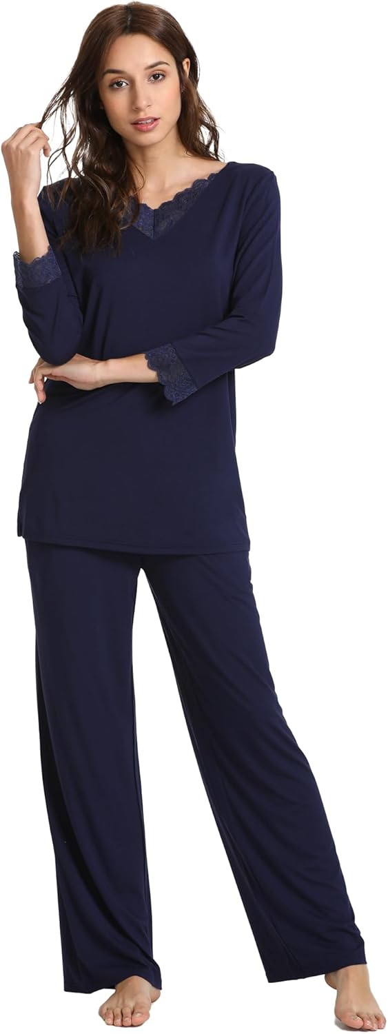 GYS Women's Pajama Sets Viscose from Bamboo Lace Trim Long Sleeve Sleepwear Soft Pjs Lounge Sets with Pockets - Image 5