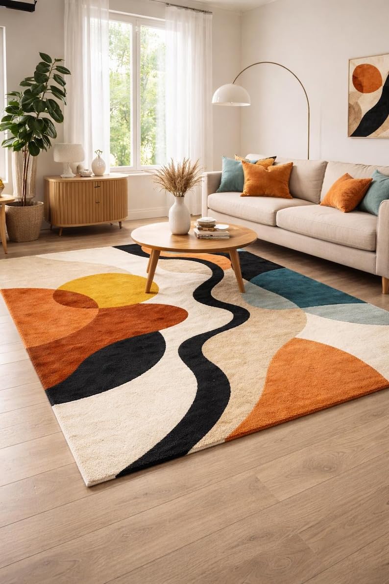 Tapis Moderne Abstrait Lavable Antidérapant Ondulé 160x230cm Salon Chambre Carpette Poils Courts Imitation Cachemire Géométrique Multicolore
