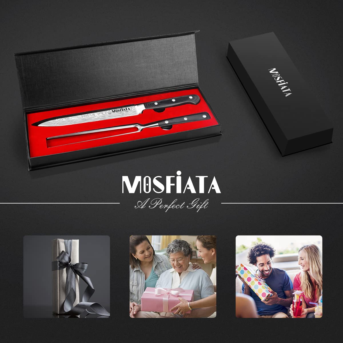 MOSFiATA 8" Carving Knife and 7" Fork Set Brisket Slicing Knife Premium