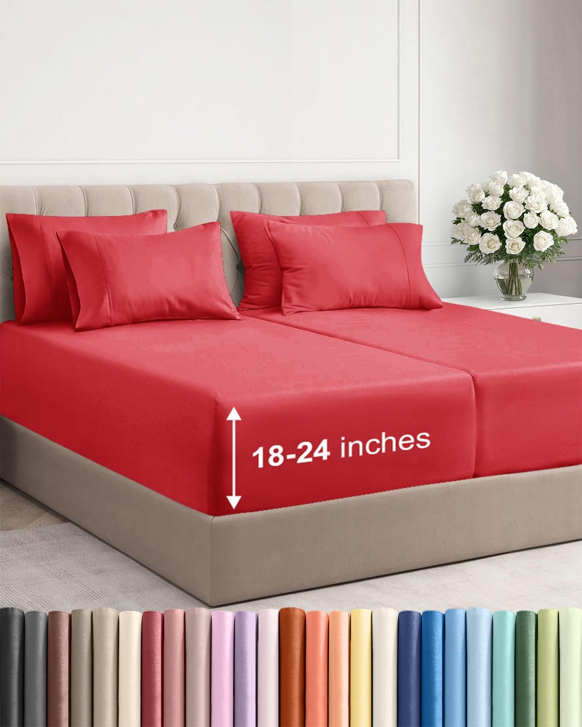 Extra Deep Split King Sheet Set - 7 Piece Breathable and Cooling Sheets - Hotel Luxury Bedding for Women, Men, Kids & Teens - Easy Secure Fit - Soft, Wrinkle Free and Comfy - Extra Deep Pockets - Red
