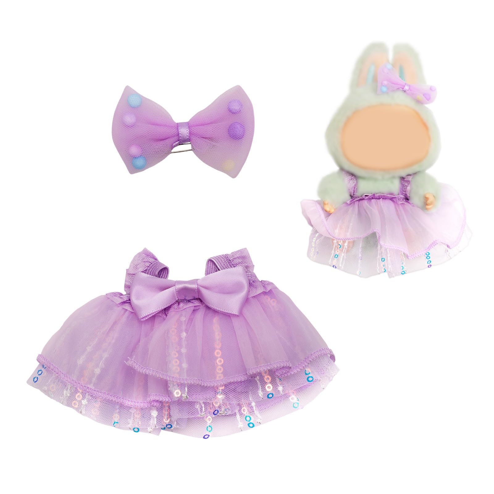 Doll Dress Outfit for 13cm Dolls, Kawaii Purple Sequin Gauze Skirt with Bow Clip Luxury Dolls Clothes Accessories for Unique Style (No Doll Included)