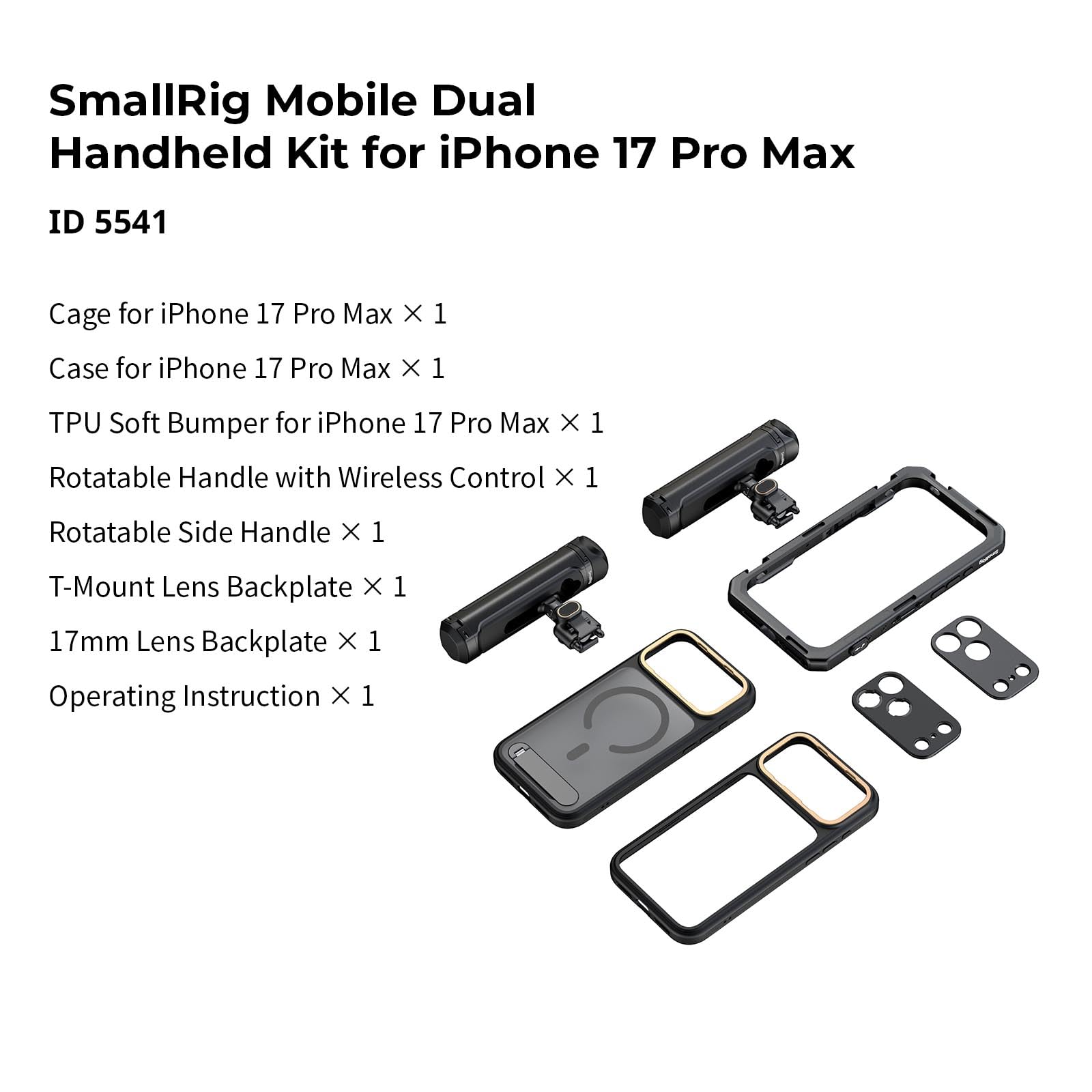 SMALLRIG Jaula para Video para iPhone 17 Pro MAX, Kit Dual con Empuñadura Lateral Inalámbrica, Montura T 17mm para Grabación/Youtube/Vlog - 5541