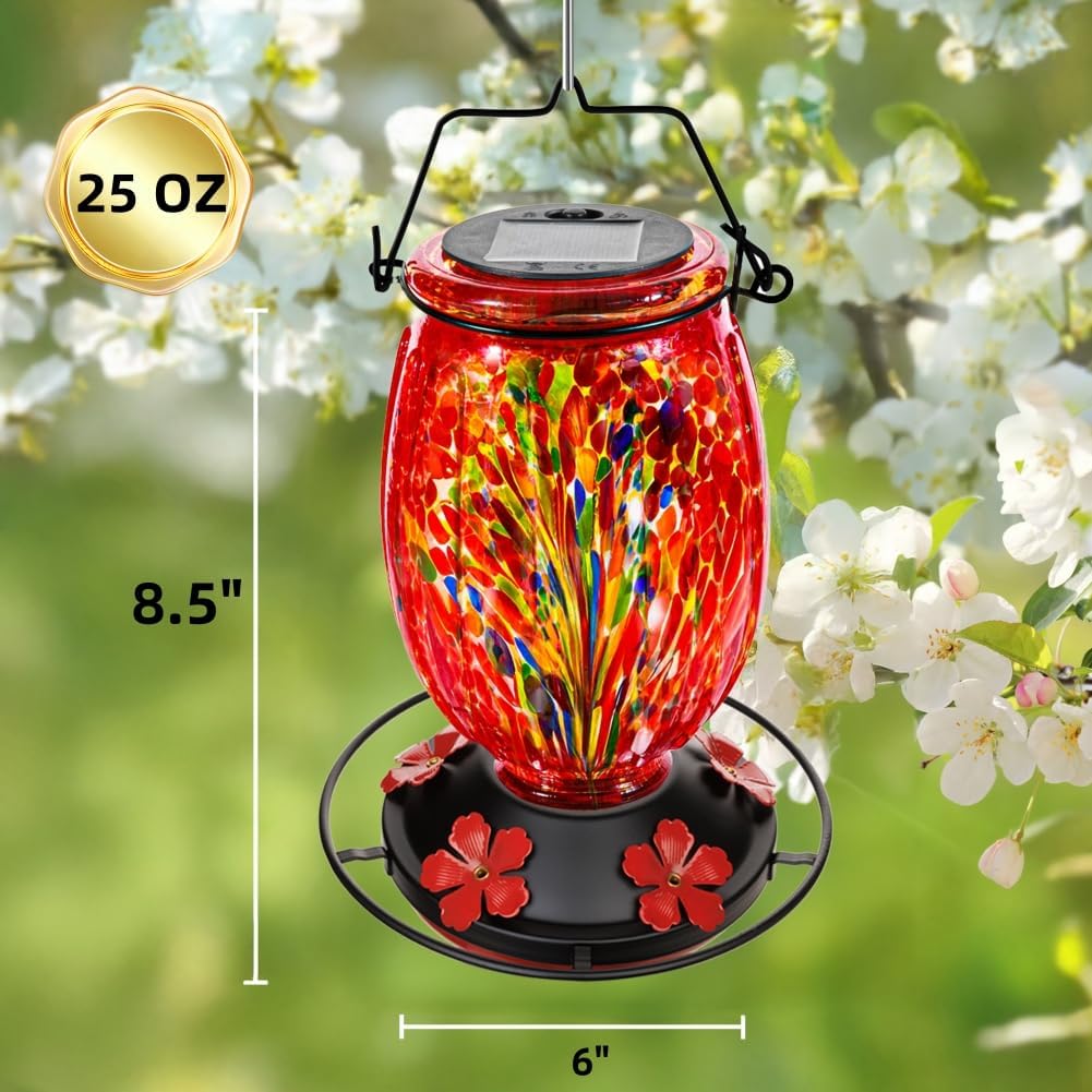 Solar Hummingbird Feeder for Outdoors Hanging Patio Designed 32 Ounces Colorful Hand Blown Glass Hummingbird Feeder 5 Feeding Ports with Perch Never Leak (Red) - Image 7