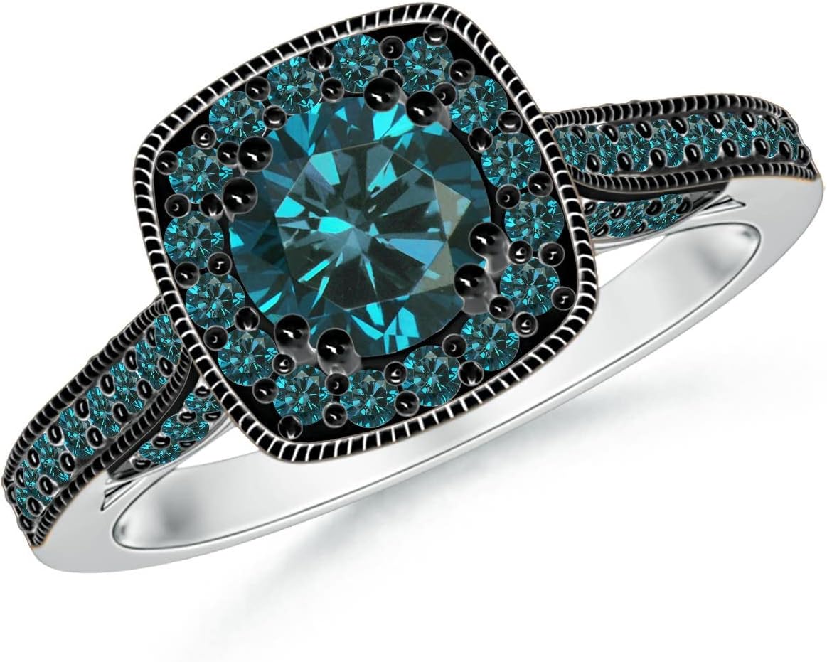 Angara Natural Blue Diamond Ring for Women | Round TRUE Halo Ring in 14K Solid Gold | April Birthday, Anniversary, Gemstone Jewellery Gift