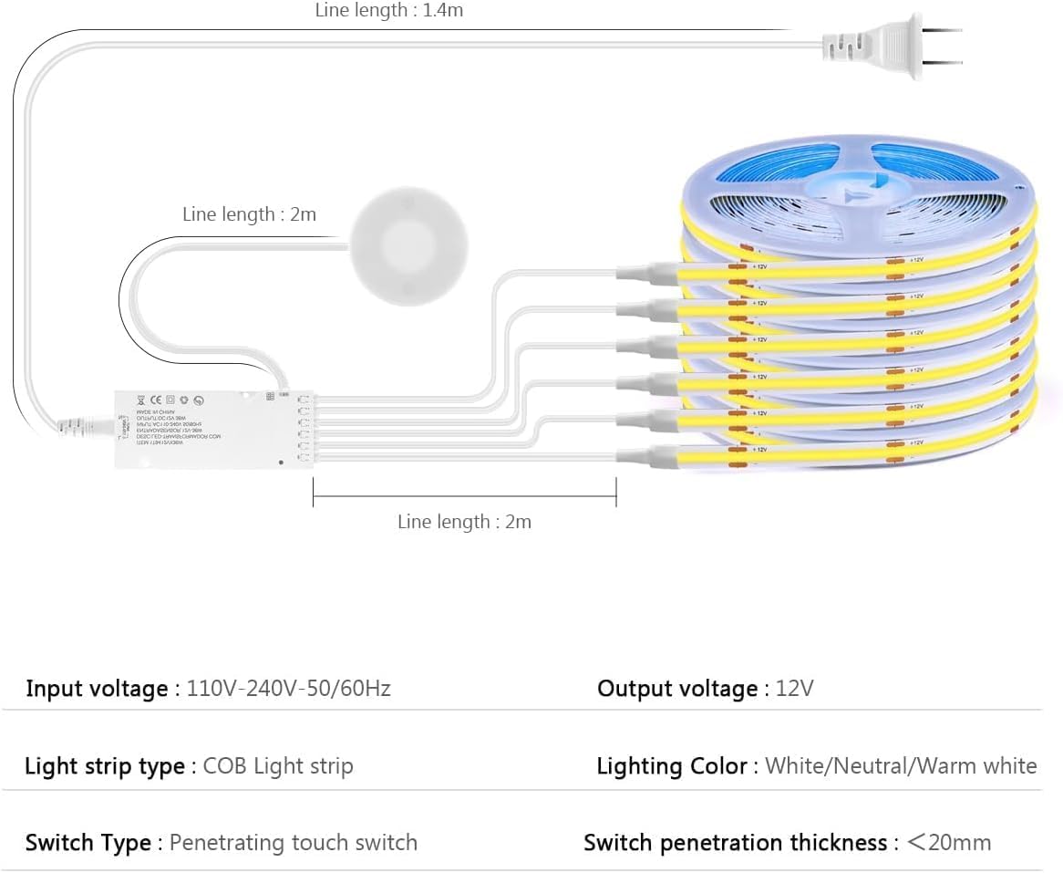 AIMENGTE COB LED Strip 2m, 6 Rollen 12V Warmweiß Akustikpaneele Schneidbar COB LED Streifen, with Berühren und Hand Sweep Dimmer Schalten, für Weinschränke, Regale, Schränke, Küche Beleuchtung