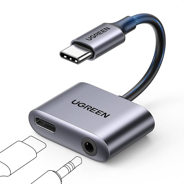 Adaptador UGREEN USB C a audio de 3.5mm y cargador 2 en 1 | 24bit/96kHz, conector Tipo C a auxiliar para audífonos con carga PD de 60W, compatible con iPhone Galaxy iPad Switch 2