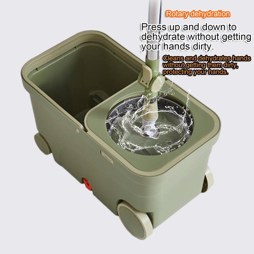 Rotating Spin Mop with Wheels Lazy Person's Wet and Dry Floor Mop Set Hands-Free Self-Wringing Bucket 360° Swivel Head Adjustable Handle
