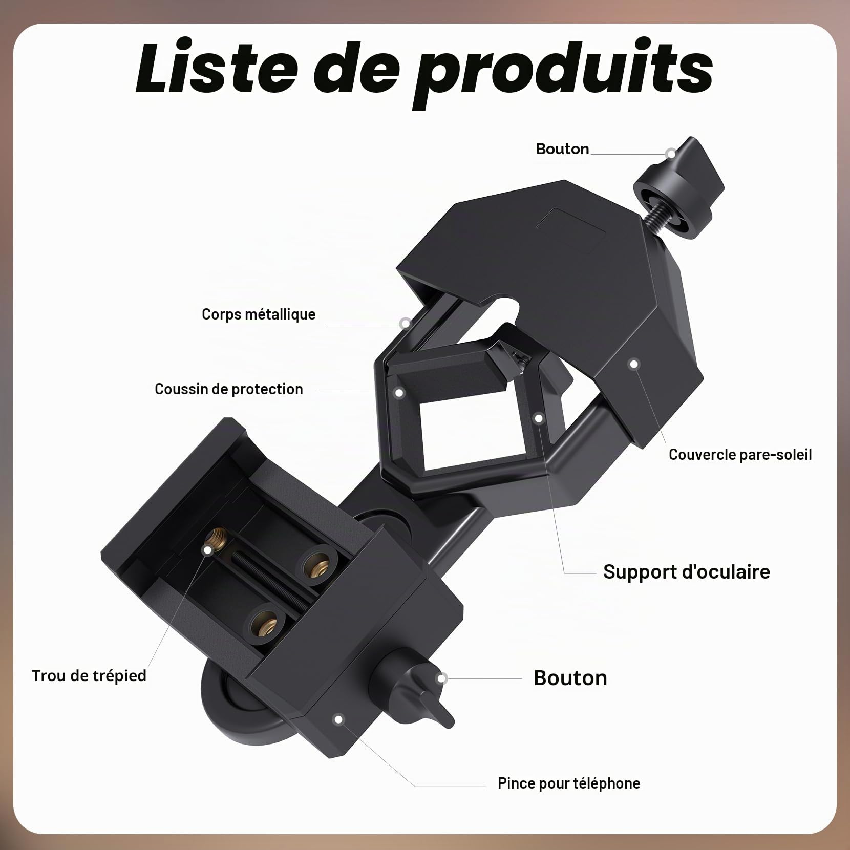Gosky Support Universel pour téléphone Portable Compatible avec Jumelles, Jumelles monoculaires, télescopes et microscopes pour Presque Tous Les Smartphones
