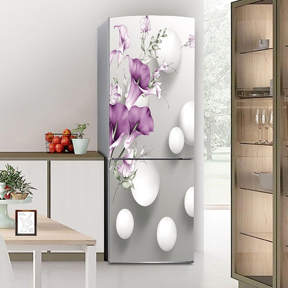 Myxjx One Color Fridge Wrap, Full Covering Door Fridge Covers Skins Wall Stickers For Kitchen Decal, Purple Flower Horseshoe Lotus