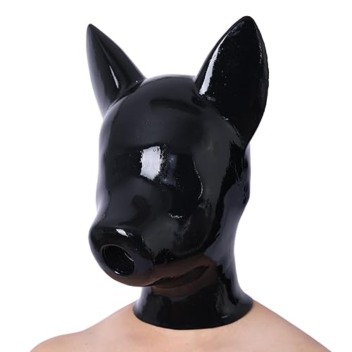 SMITIZEN Latex-like Silicone Drone Dog Mask, Shiny Full Face Rubber Hood, Breathable Gas Mask Puppyplay Gear Furry Fetish Art - Pure Black-long Ears