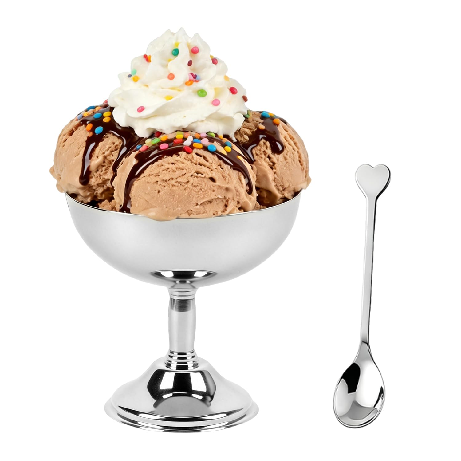 Hapivida Ice Cream Sundae Bowls, 270ml Stainless Steel Dessert Cups with Spoons Footed Trifle Bowl Serving Dishes Mini Milk Shake Cups for Pudding, Fruit, Appetizer, Salad (11cm)