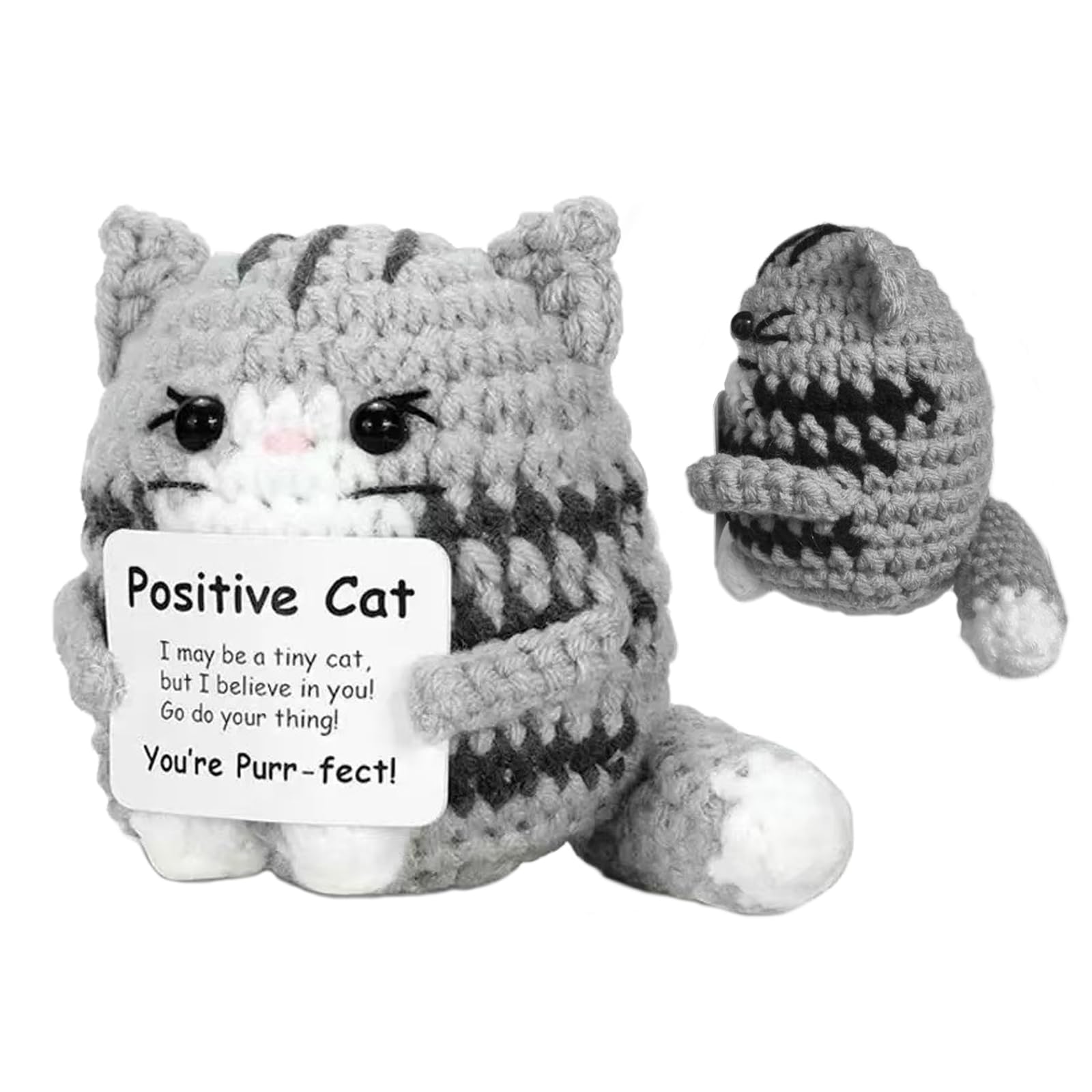 CHUNLINLAODA Emotional Support Cat Gift, Funny Positive Crochet Cat with Inspirational Card, Cute Positive Gifts for Colleague Friends Women Men, Adult Kids