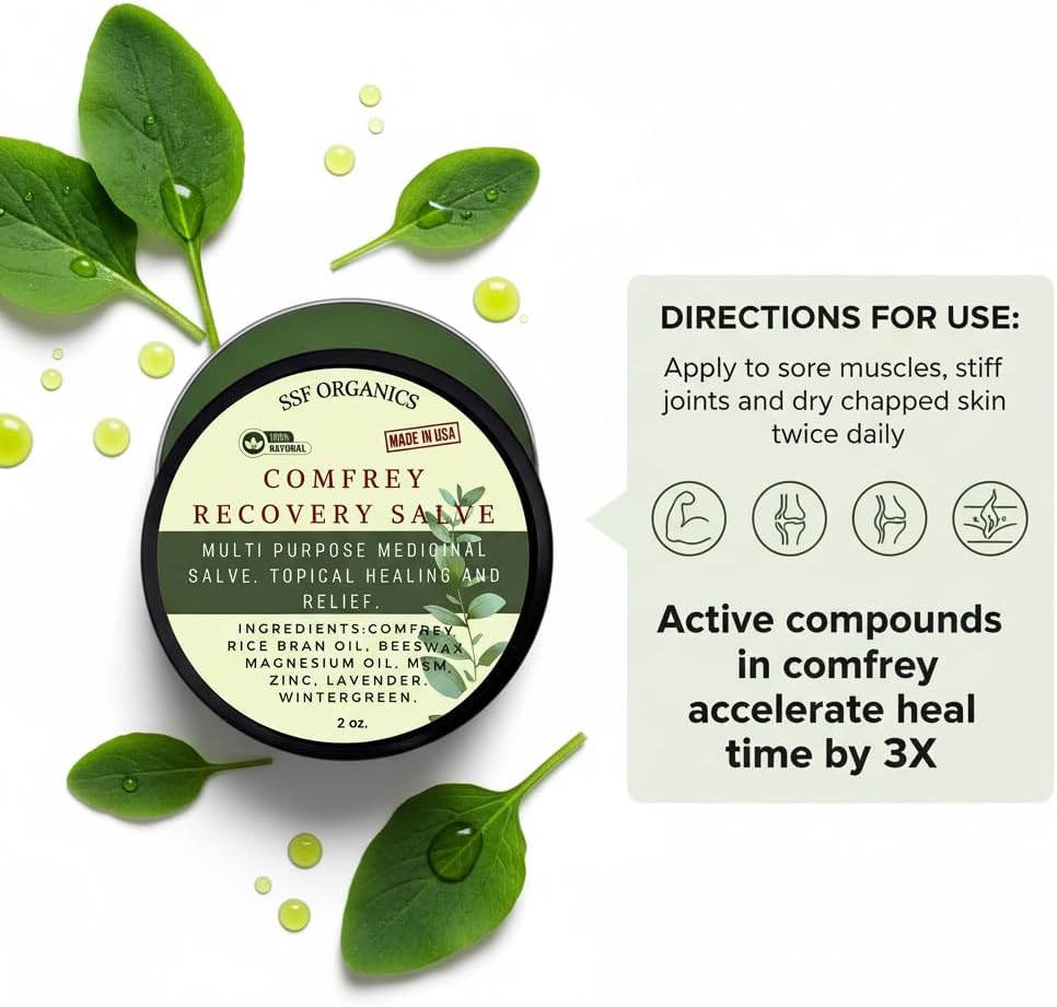 SSF Organics- Natural Relief and Recovery. Topical Healing for Muslces, Joints and Skin. Great for Runners, Post Workout, Healing, Skin Repair. (Comfrey Salve + Oil Combo)
