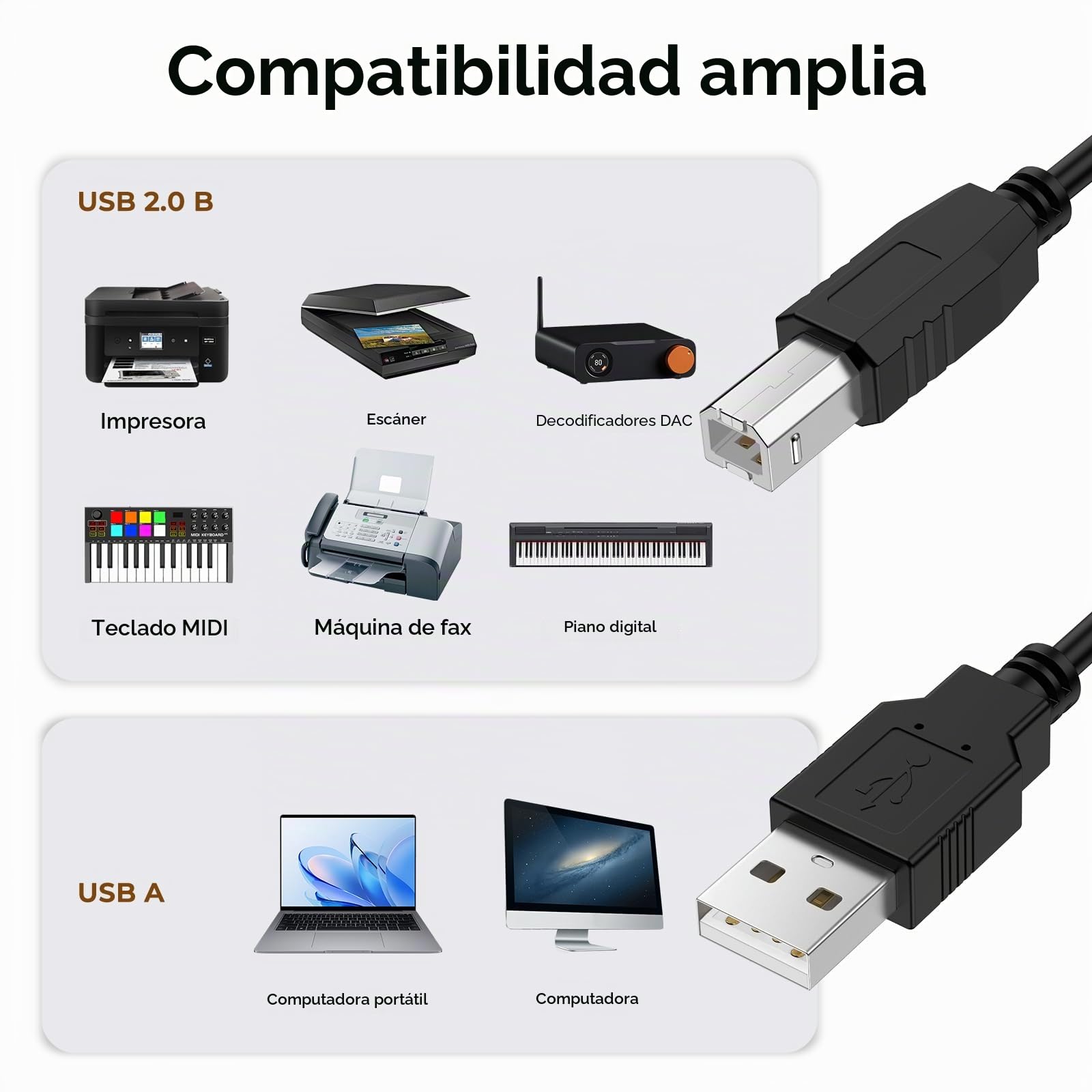Vancle Cable USB 2.0 Impresora, Cable USB-A Macho a USB-B Macho con Conectores Dorados, para Samsung, HP, Canon, Brother, Escáner, Dell, Ricoh, Xerox, etc (1.5M)