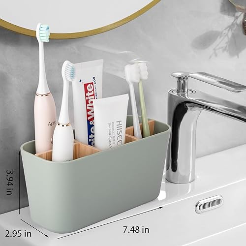 Miniatura 12 de Portacepillos de dientes para baños, soporte para cepillos de dientes de bambú con 5 ranuras, organizador de tocador de baño, encimera para cepillos
