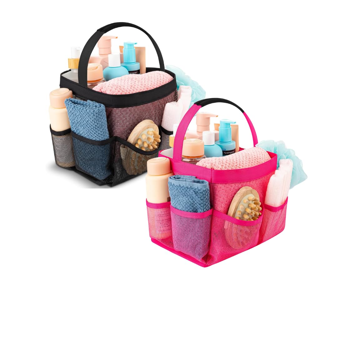 Masirs Mesh Shower Caddy Bag Bundle Includes Black and Pink 9-Pocket Collapsible Bathroom Organizers Lightweight Portable Tote for