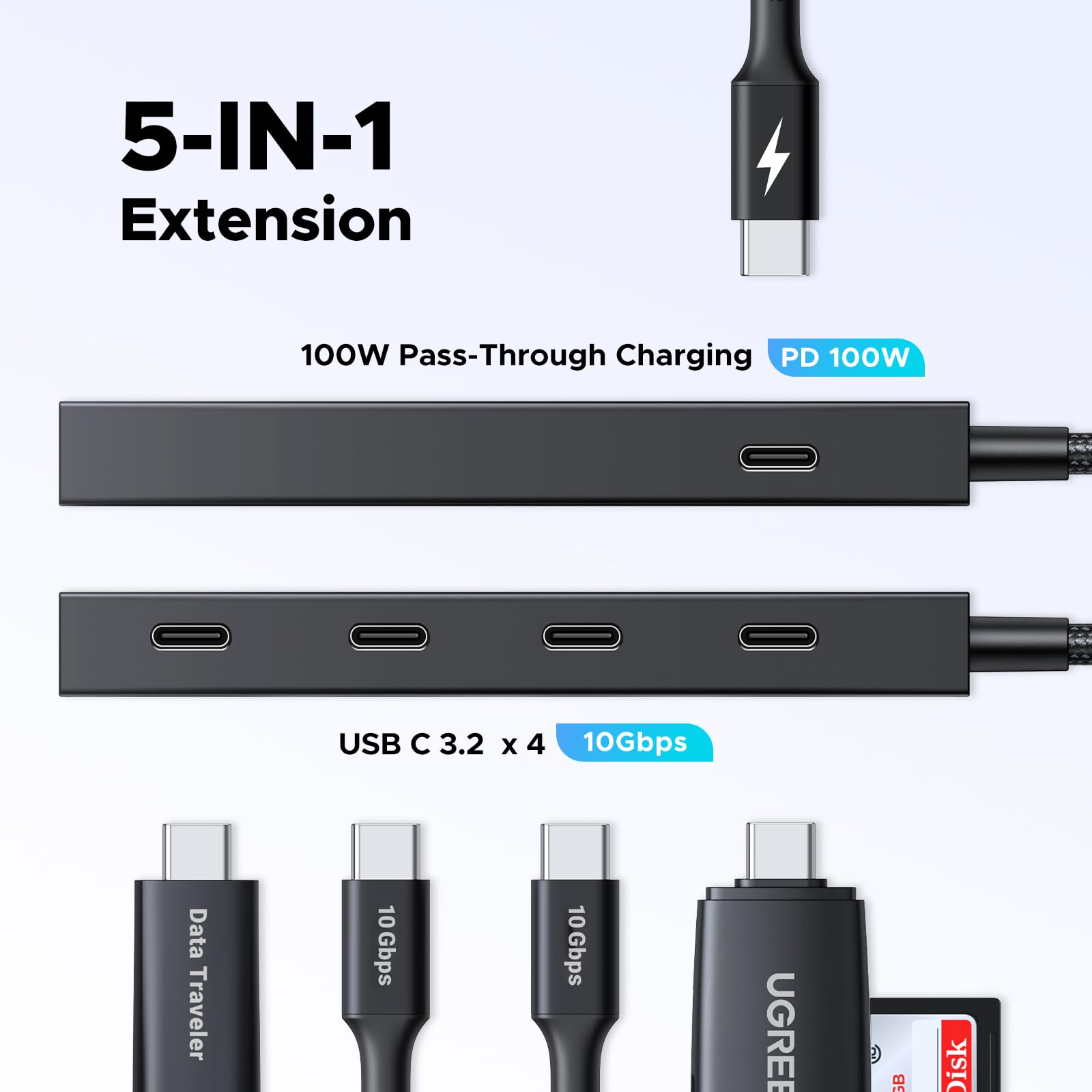 UGREEN USB C Hub 10 Gb/s z PD 100W, adapter z 4 portami USB C, szybki rozdzielacz wieloportowy USB C do iPhone'a serii 16, Galaxy S24, MacBooka Pro, iMaca, iPada Pro, Chromebooka i nie tylko | Transfer danych 4 x 10 Gb/s, wieloportowy rozdzielacz adaptera