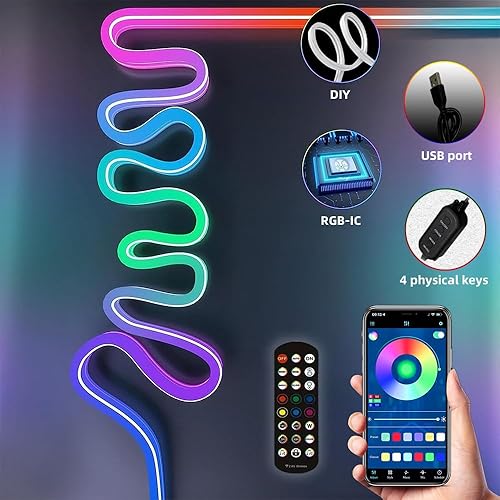 Miniatura 4 de Tira de luces LED de neón USB de 9.8 pies, tira de luces LED RGB IC inteligentes para dormitorio, tira de luz de neón LED de sincronización de