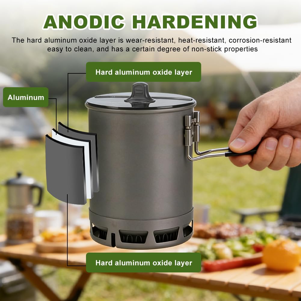 Campingtopf, Camping-Topf, mit Klappgriff, mit Wärmetauscher, Outdoor Picknick Topf, Tragbarer Wasserkocher, Leichtes Campinggeschirr für Picknick, Wandern, Kochgeschirr, Camping, 600ml