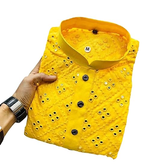 Men's Soft Cotton Kurta Knee Length Mirror Embroidered Traditional Kurta