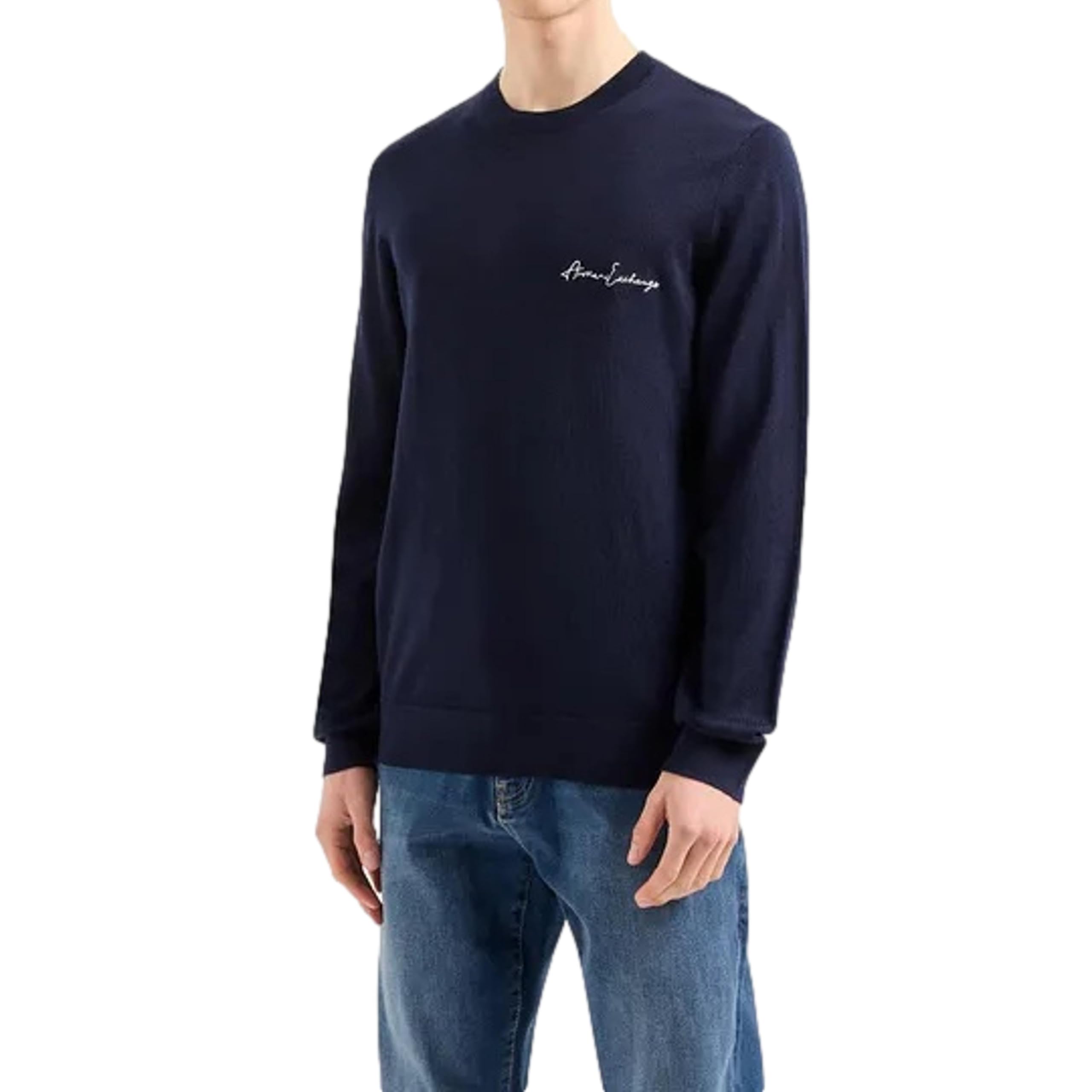 Armani Exchange Men's Navy Essential Crew Neck Logo Lettering Pullover Sweater, S