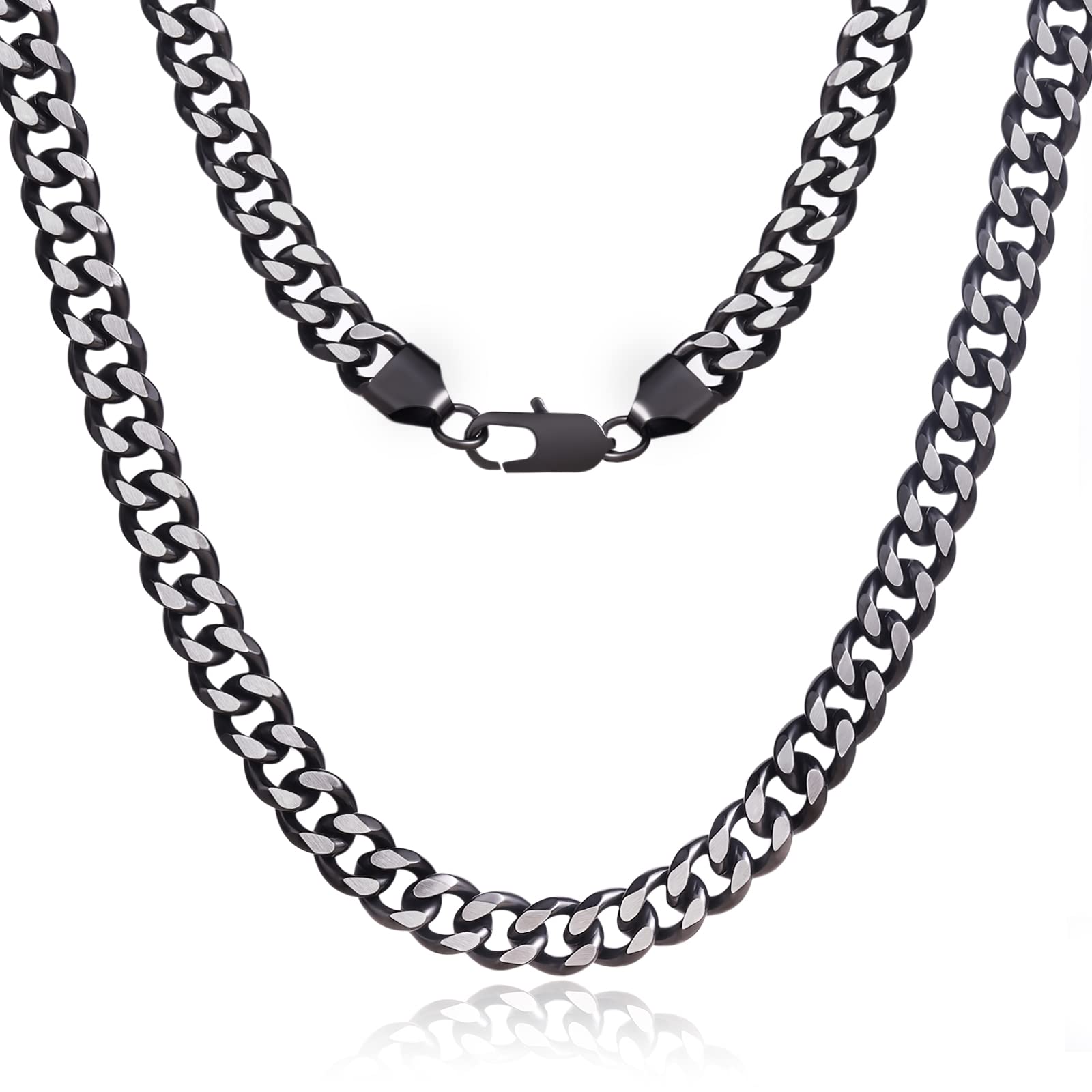 Silver Chain Necklace for Men Women: 3/4/6/10mm Italian Two Tone Cuban Link Black/Blue Silver Chain for Men - Necklace Chain Diamond Cut Stainless Steel Chain Necklace for Men 18/20/22/24/26inch