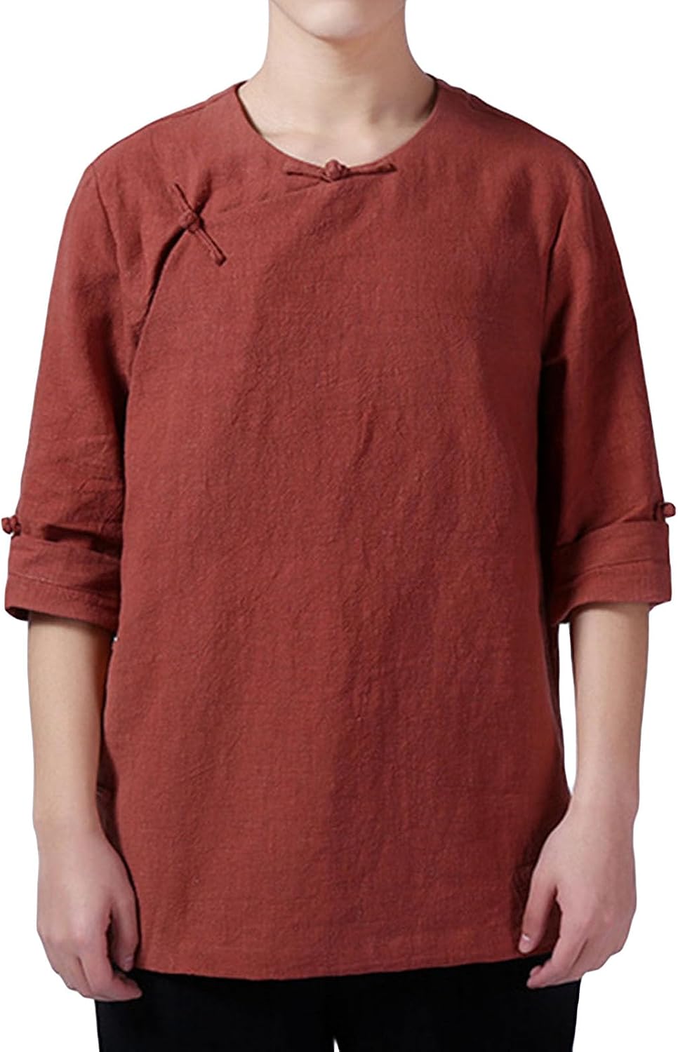 Men Banded Collar Dress Shirt Slim Fit Linen Blouse Henley T Shirts Casual Hippie Shirts with Plate Buckle