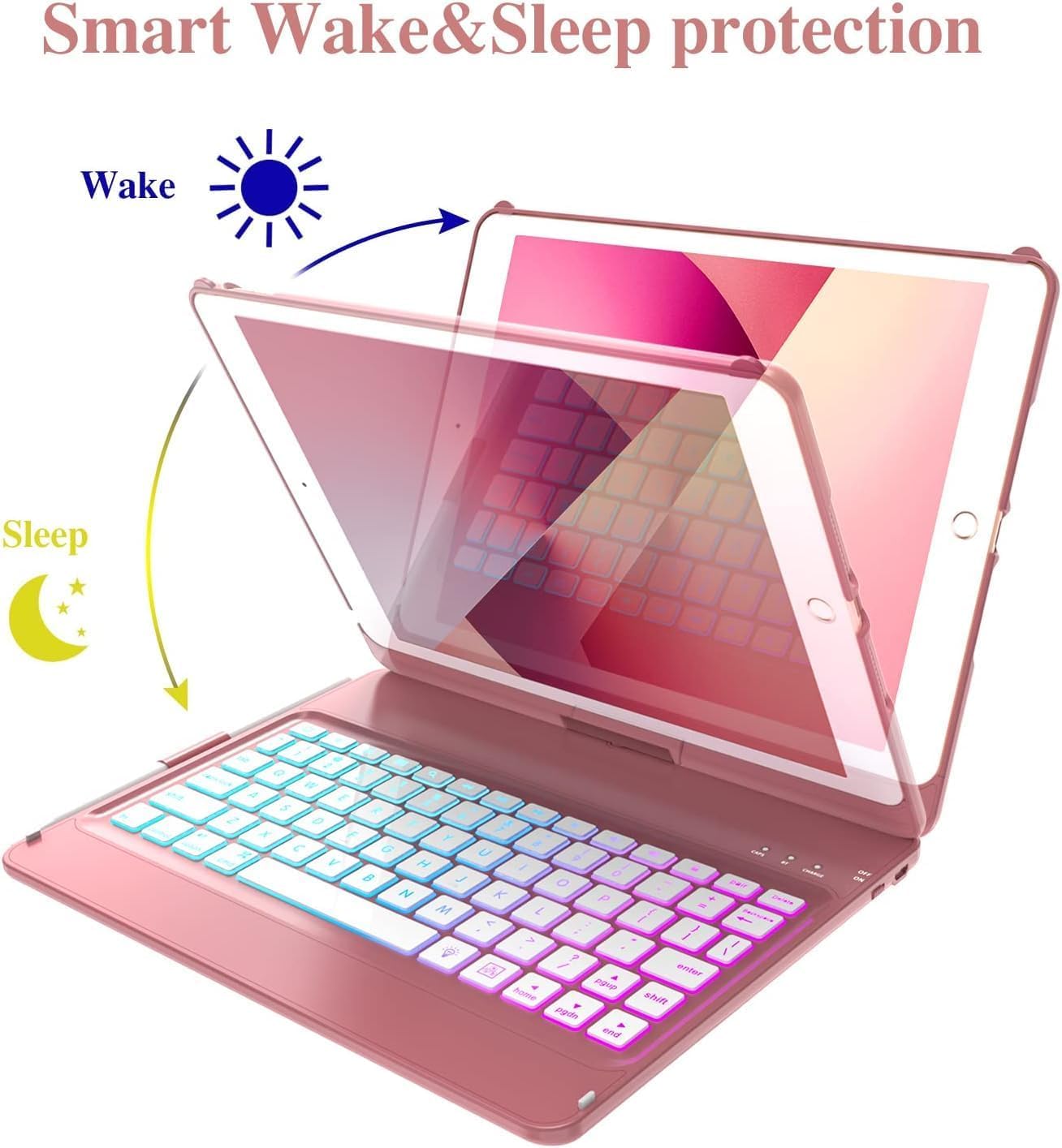 MMK Keyboard Case Compatible with iPad 10.2 inch 9th Gen 2021,for iPad 8th Generation 2020, 7 Color Backlit 360 Rotatable Wireless Detachable Bluetooth Keyboard Cover Tablet Case - Image 4