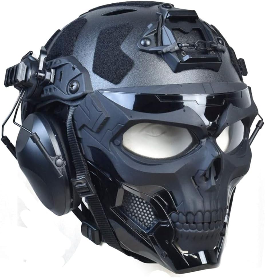 Tactical Full Airsoft Mask & Tactical Helmet with Tactical Headset,Ear Hearing Protection Noise Cancelling,Full Face Skull Mask Clear Goggle Paintball Gear (Color : BK)