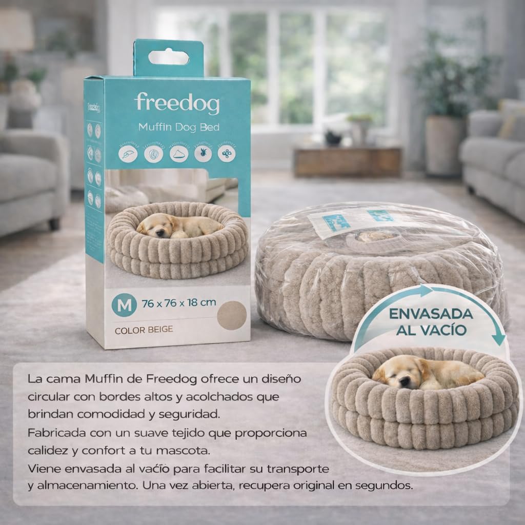 Freedog Cama Muffin Beige (76x76x18cm) - Cama Perro - Cama para Perros - Camas para Perros Grandes - Camas Perros Medianos - Colchon Perro - Relajante Perros - Camita Perros Pequeños - Dog Bed Large